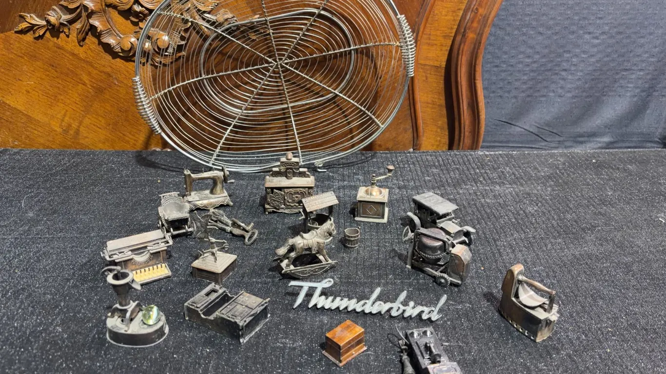 Miniature Metal Appliances, Wire Basket, and Thunderbird Emblem