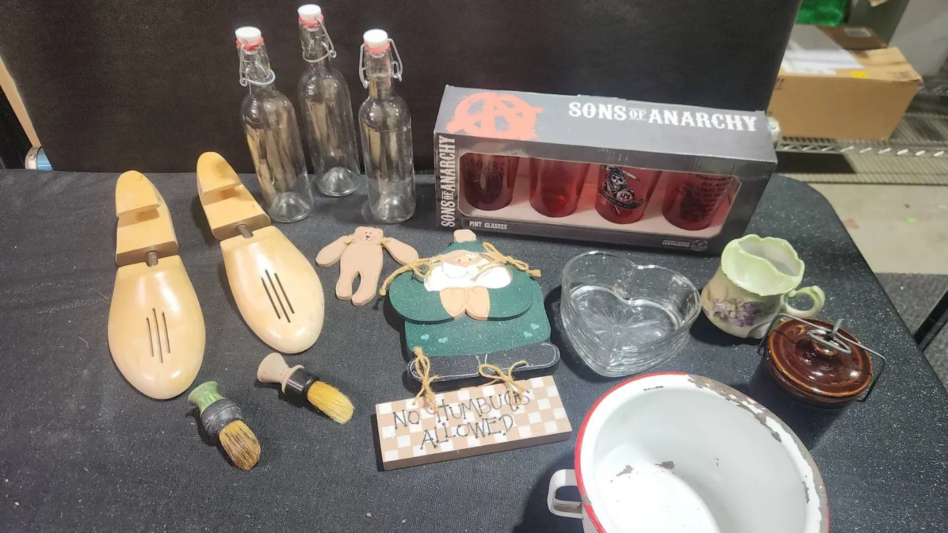 Lot: Sons of Anarchy Glasses, Bottles, Shoe Trees, Brushes, Decor, Book