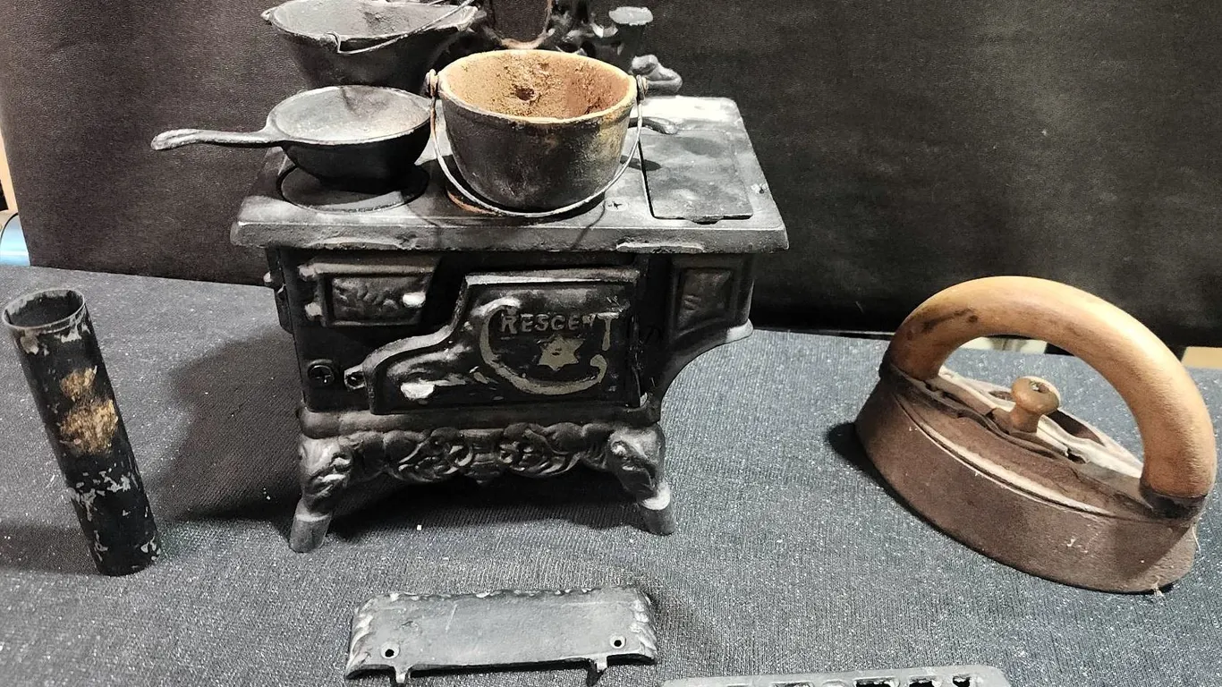 Cast Iron Toy Stove With Accessories and Miniature Iron, Early 20th Century