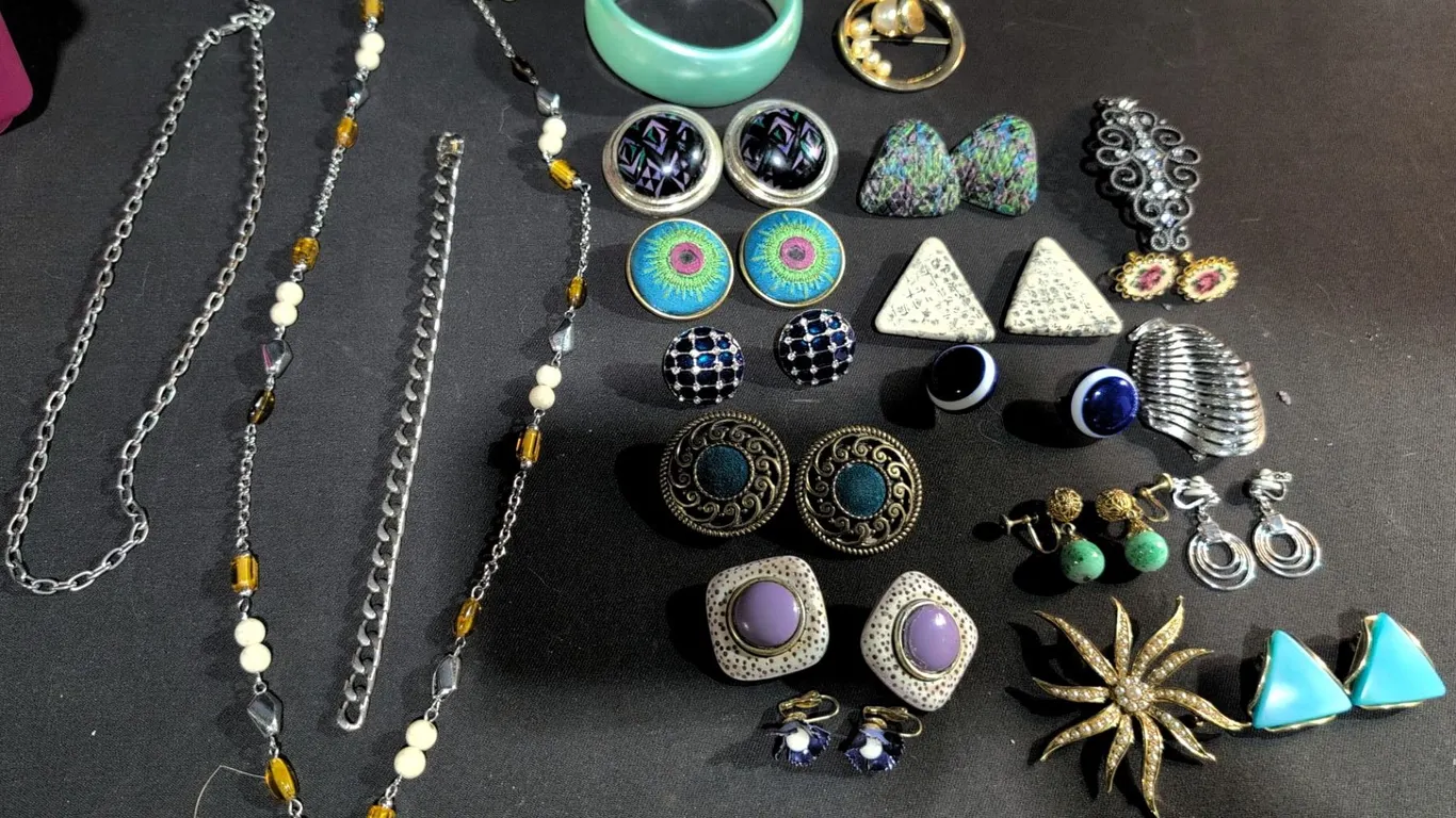 Clip On Earrings, Necklaces, and Pins.