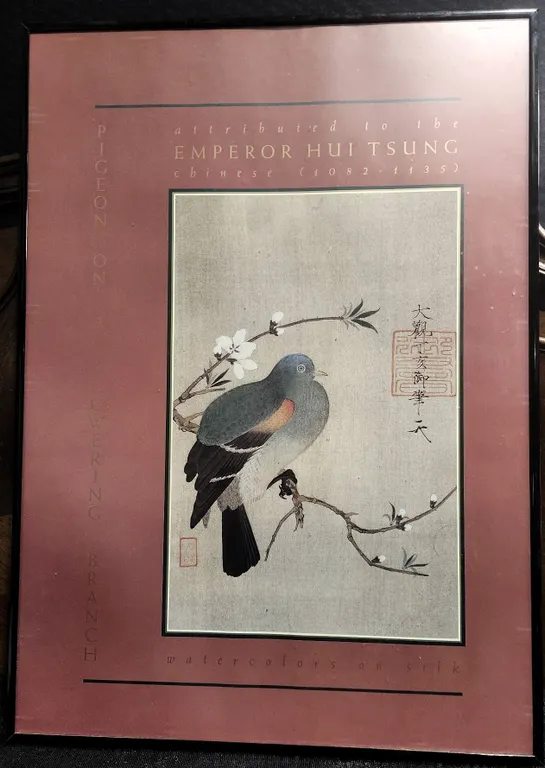 Pigeon on a Blossoming Branch Print Attributed to Emperor Hui Tsung, Framed Silk Watercolor