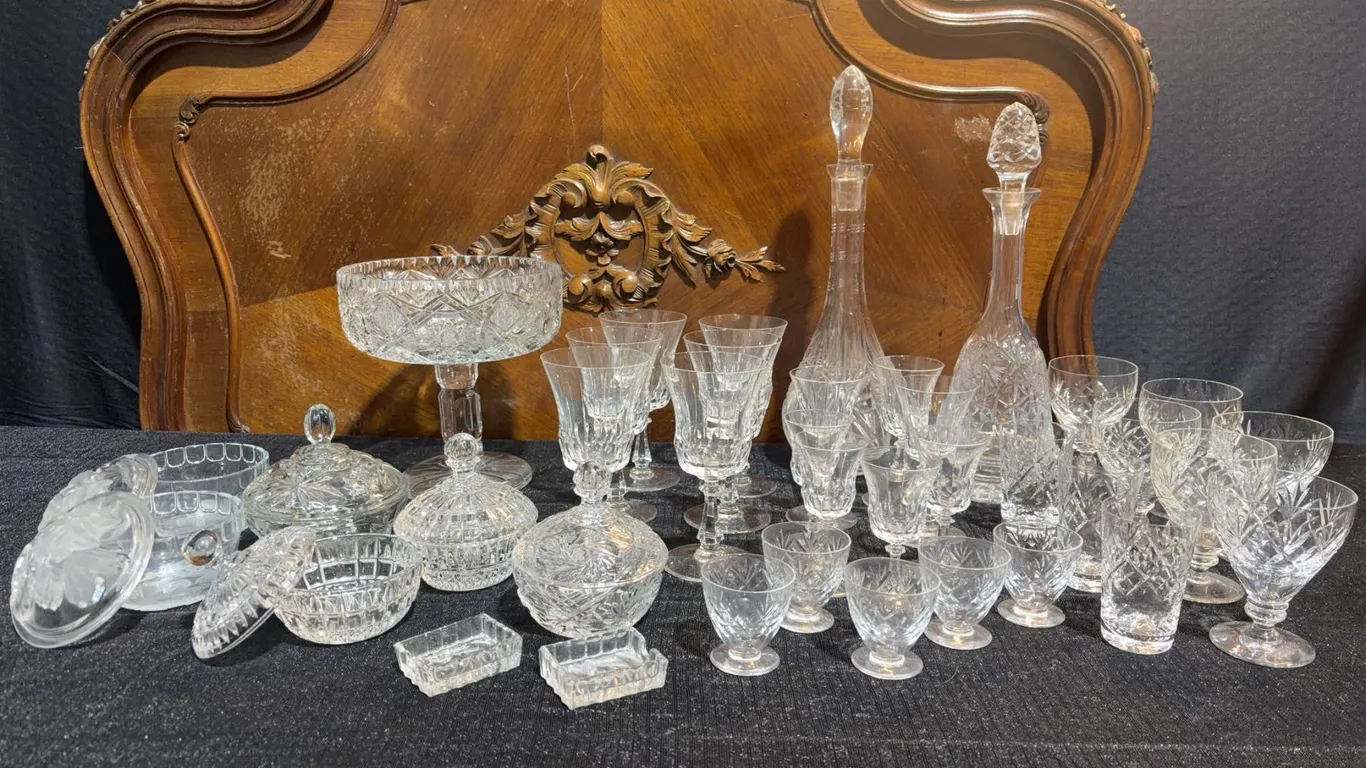 Cut Crystal Glassware Set with Decanters, Goblets, Bowls and Candy Jars