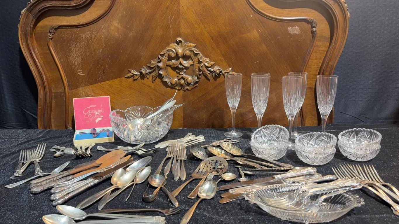 Silver Plate Flatware, Crystal Bowls, Glasses, and Serving Utensils Lot