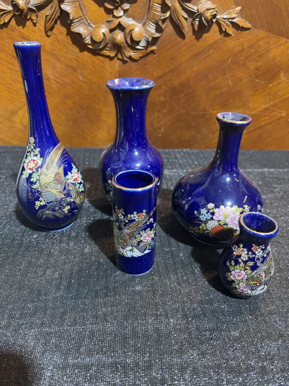 5 Japanese Cloisonné Vases Blue Enamel Floral and Bird Motif Assorted Sizes