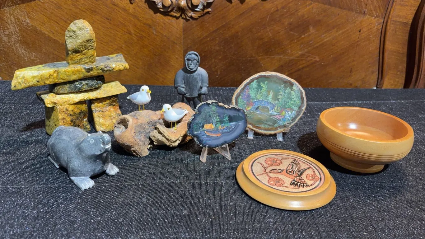 8 Canadian Folk Art and Indigenous-Inspired Items, Stone, Wood and Painted Pieces