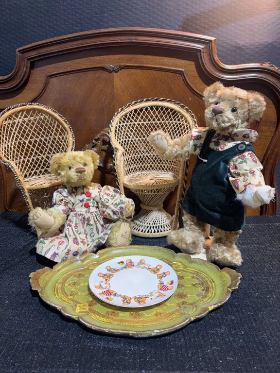 Rosié Artist Bears Pair, Wicker Chairs, Italian Florentine Tray, Plate Set
