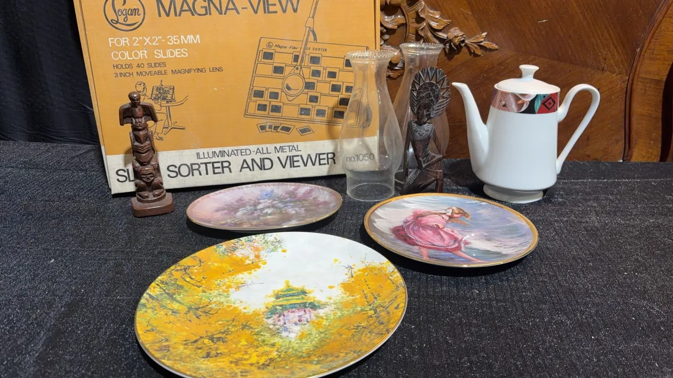 Lot: Logan Magna-View, Porcelain Plates, Teapot, Figurines, Decanters