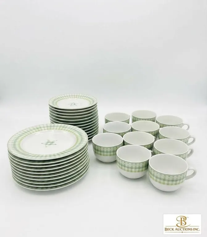 Porcelain Green Gingham Star Coffee Cups and Plates Set of 24 Pieces