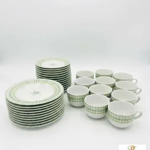 Porcelain Green Gingham Star Coffee Cups and Plates Set of 24 Pieces