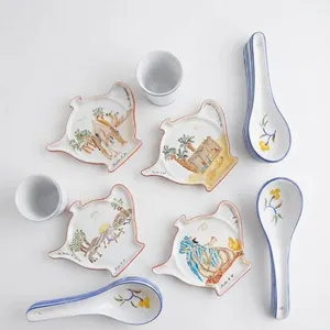 Hand Painted Ceramic Tea Bag Holders, Soup Spoons and Cups Set