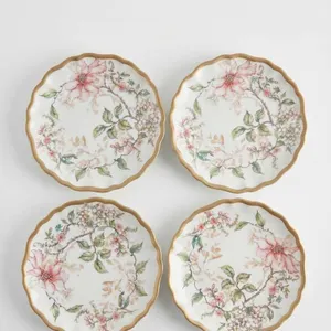 4 Melamine Plates with Floral Design and Gold Edging