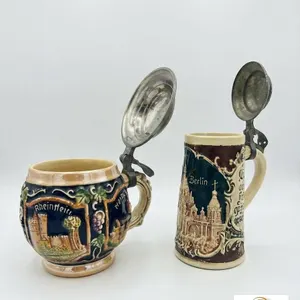 German Ceramic Beer Steins with Pewter Lids