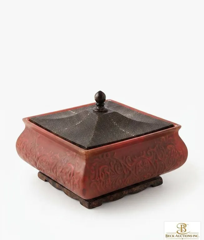 Signed Michael Deneen Square Lidded Ceramic Box with Ornate Relief