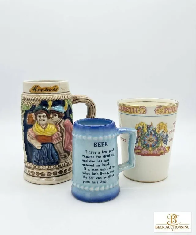 Three Ceramic Beer Steins and Commemorative Mug