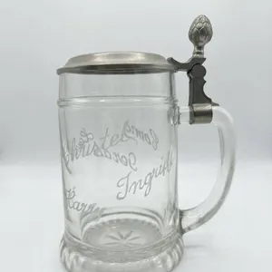 Glass Beer Stein with Pewter Lid and Engraved Names