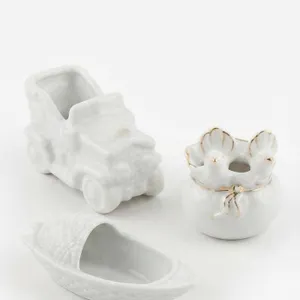 3 White Ceramic Planters Car Bird Boat Shaped