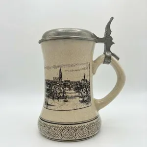 Ceramic Beer Stein With Pewter Lid and City Scene