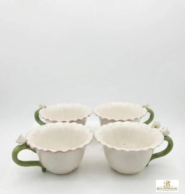 4 Ceramic Flower-Themed Cups with Green Handles