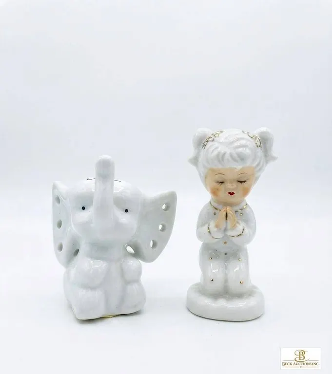 Porcelain Praying Girl Figurine and Elephant Figure Pair
