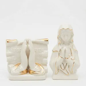 Ceramic Religious Prayer Figurines with Gold Accents