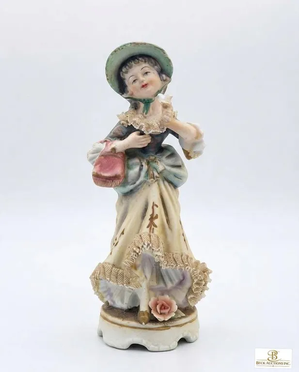 Porcelain Figurine of Young Woman in Bonnet with Lace Trim