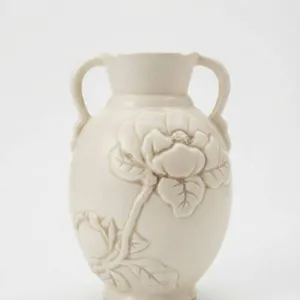 White Ceramic Vase with Relief Floral Design and Two Handles