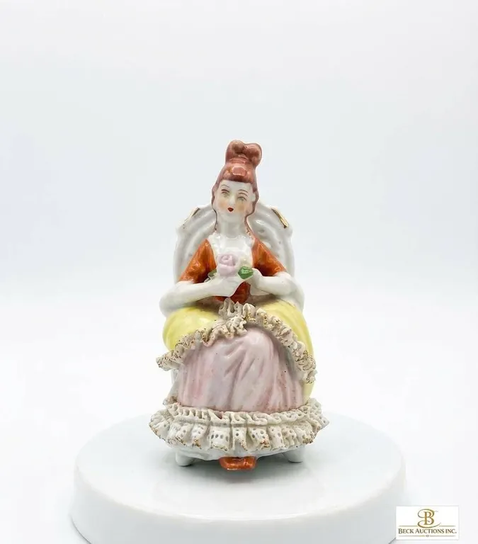 Porcelain Figurine of Seated Lady in Detailed Dress
