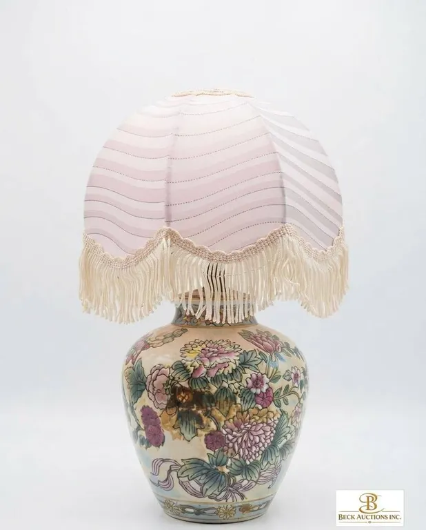 Ceramic Floral Table Lamp with Pink Fabric Shade and Fringe