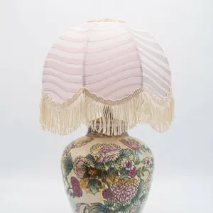 Ceramic Floral Table Lamp with Pink Fabric Shade and Fringe
