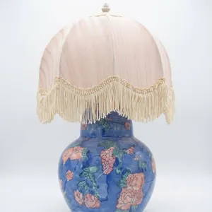 Ceramic Table Lamp with Floral and Fruit Motif and Fabric Fringe Shade