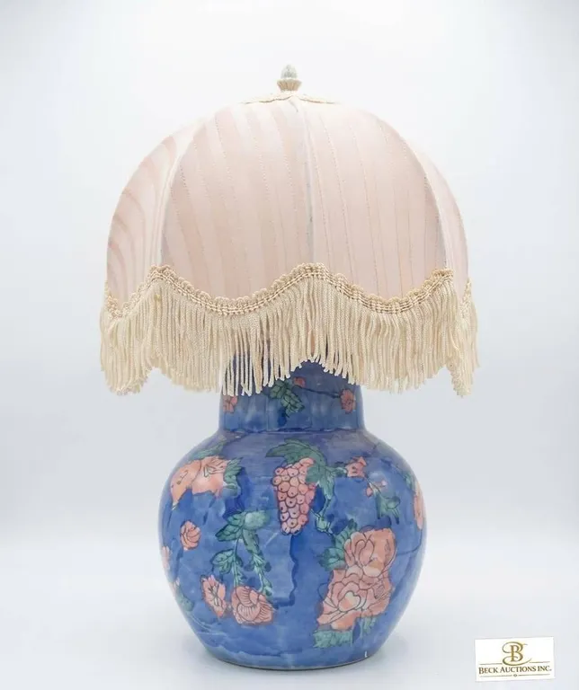 Blue Floral Ceramic Table Lamp With Pink Fabric Shade