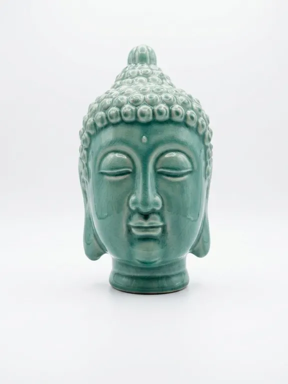 Glazed Green Ceramic Buddha Head Sculpture