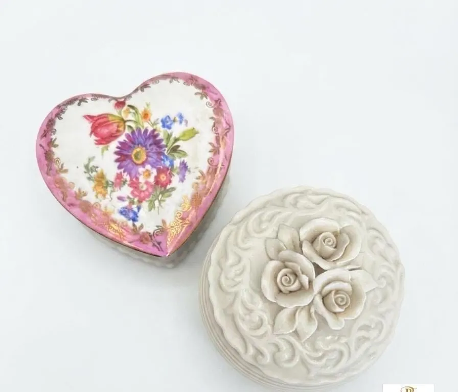 2 Ceramic Trinket Boxes - Heart Shaped Floral and Round Rose Design