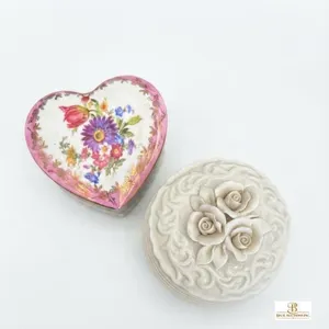 2 Ceramic Trinket Boxes - Heart Shaped Floral and Round Rose Design