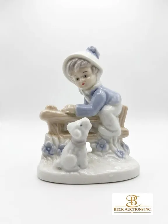 Porcelain Figurine of Boy in Blue Coat with Dog by Fence