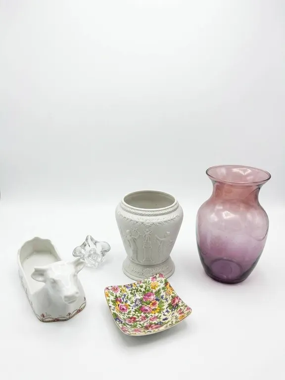 Otley Cow Butter Dish, White Relief Pot, Pink Glass Vase, Floral Dish, Small Crystal Dish