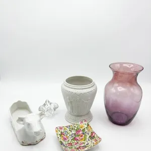 Otley Cow Butter Dish, White Relief Pot, Pink Glass Vase, Floral Dish, Small Crystal Dish
