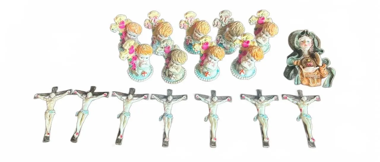 10 Cherub Figurines, 7 Crucifix Plaques, 1 Madonna Figurine, Assorted Materials