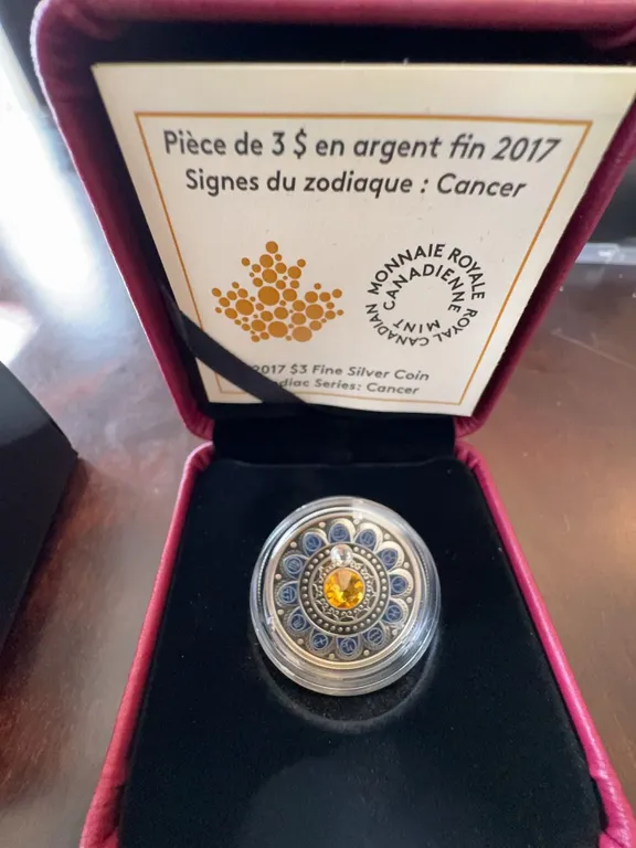 2017 $3 Fine Silver Coin Zodiac Series Cancer Swarovski Crystal 99.99% Pure