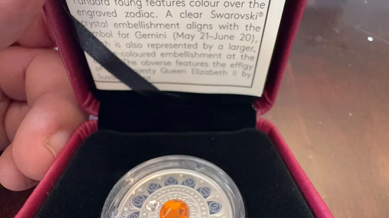 2017 $3 Fine Silver Coin Zodiac Series Gemini with Swarovski Crystal, 99.99% Pure Silver