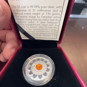 2017 $3 Fine Silver Coin Zodiac Series Gemini with Swarovski Crystal, 99.99% Pure Silver