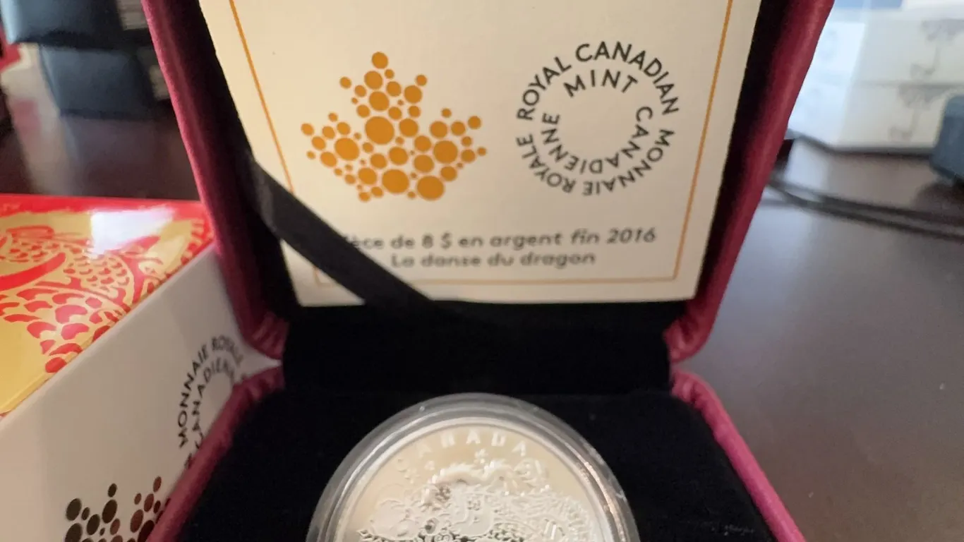 2016 Royal Canadian Mint $8 Fine Silver Coin Dragon Dance, 99.99% Pure, Box and COA