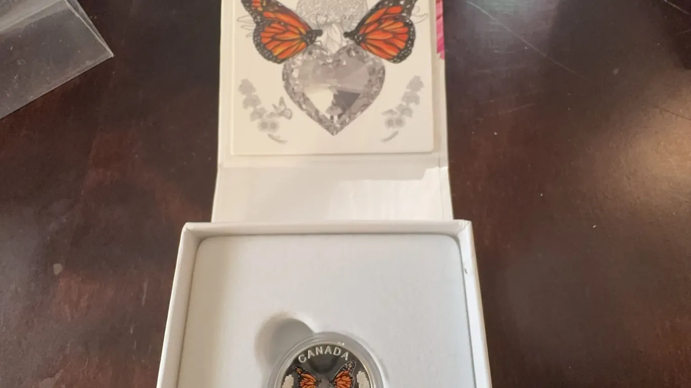 2017 Canada $3 Fine Silver Coin Monarch Butterflies by Joel Kimmel with Swarovski Heart