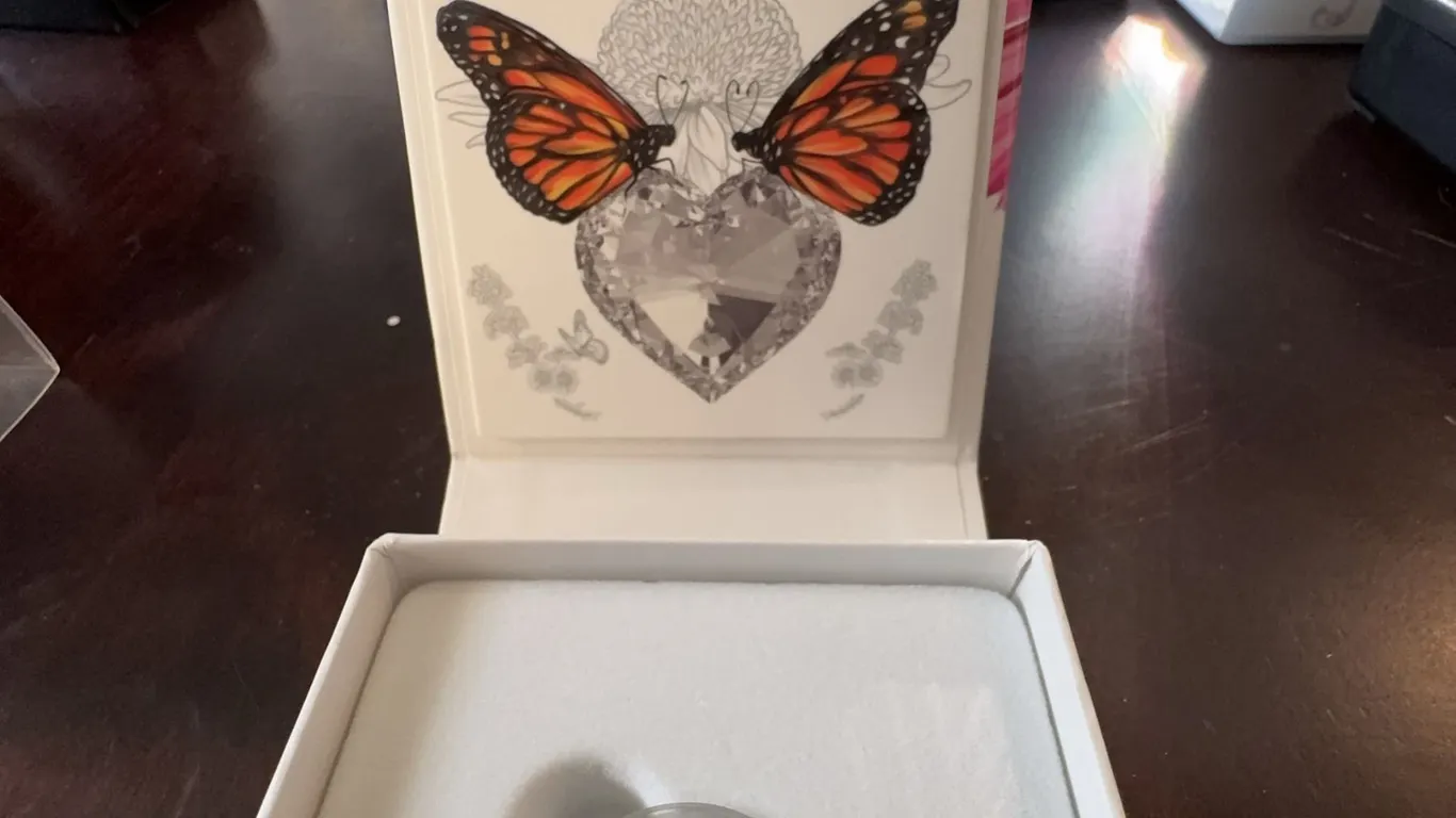 2017 Canada $3 Fine Silver Coin Monarch Butterflies Swarovski Crystal Heart