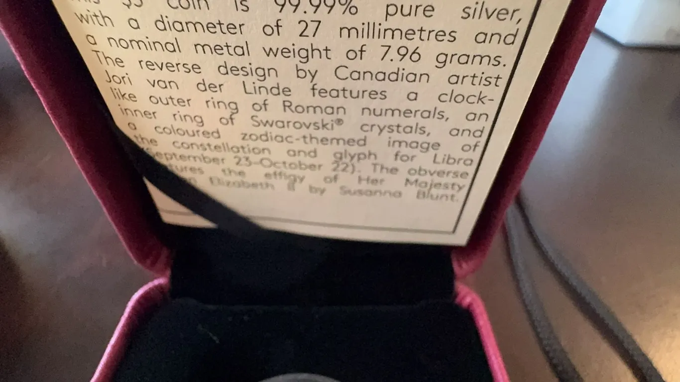2012 Canada $5 Silver Coin Libra Zodiac Swarovski Crystal by Jori van der Linde