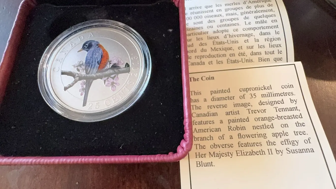 2013 Canadian 25 Cent Painted Coin American Robin Trevor Tennant, Cased, COA