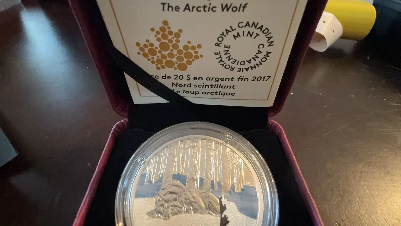 2017 $20 Fine Silver Coin Glistening North, The Arctic Wolf, Royal Canadian Mint