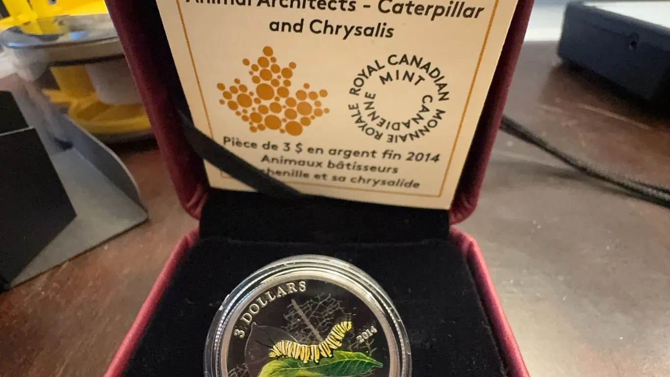 2014 $3 Fine Silver Coin Animal Architects Caterpillar & Chrysalis Royal Canadian Mint