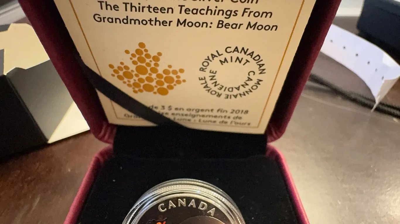 2018 $3 Fine Silver Coin, Grandmother Moon: Bear Moon, Algonquin Art, 27mm, Boxed