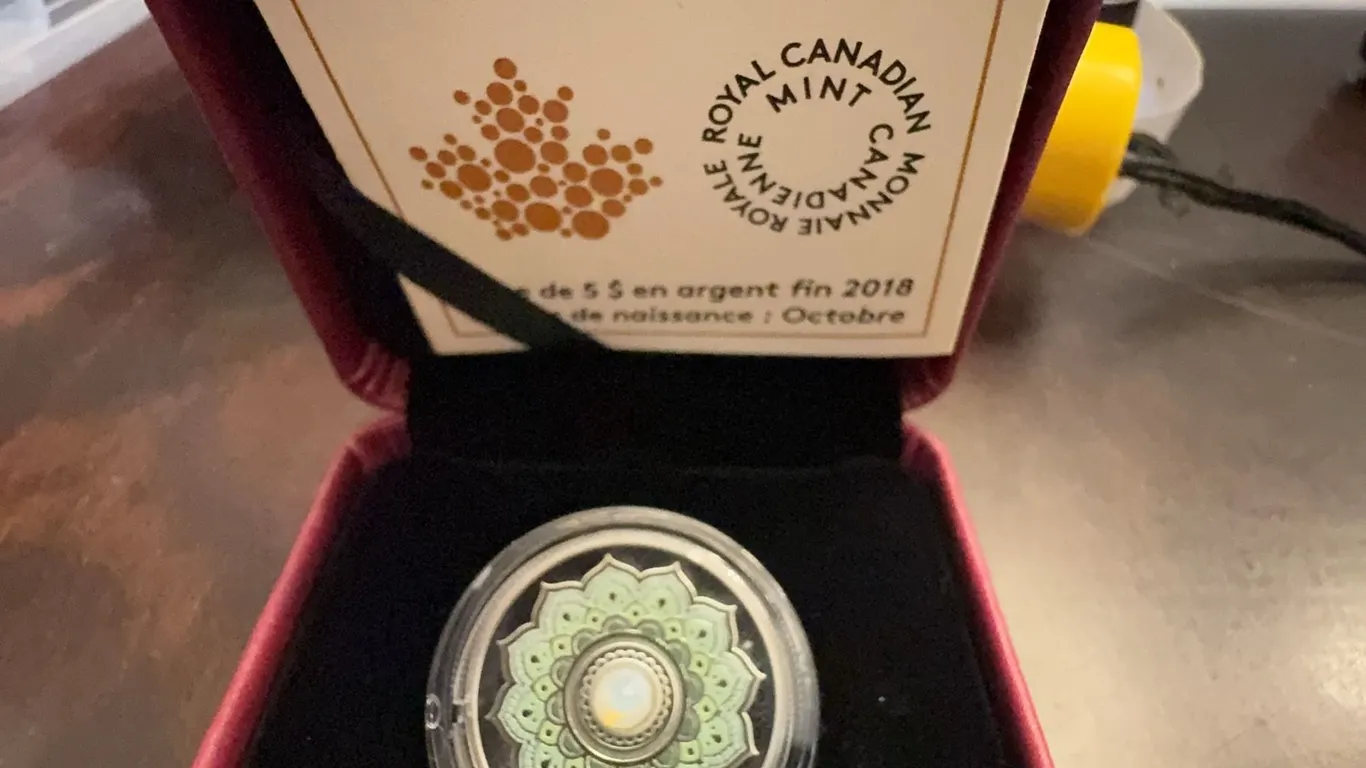 2018 $5 Silver Coin October Birthstone Mandala by Pandora Young, RCM, Swarovski Crystal